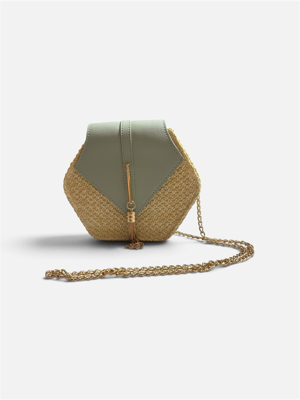 Woven Straw Crossbody Bag Sage Green Gold Chain Tassel